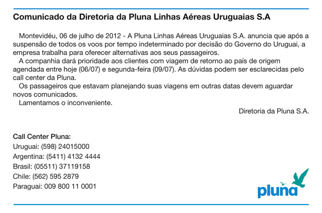  Companhia Pluna não voa mais para o Afonso Pena