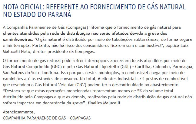  Fornecimento de gás natural não deve ser comprometido por causa da greve dos caminhoneiros, afirma Compagas