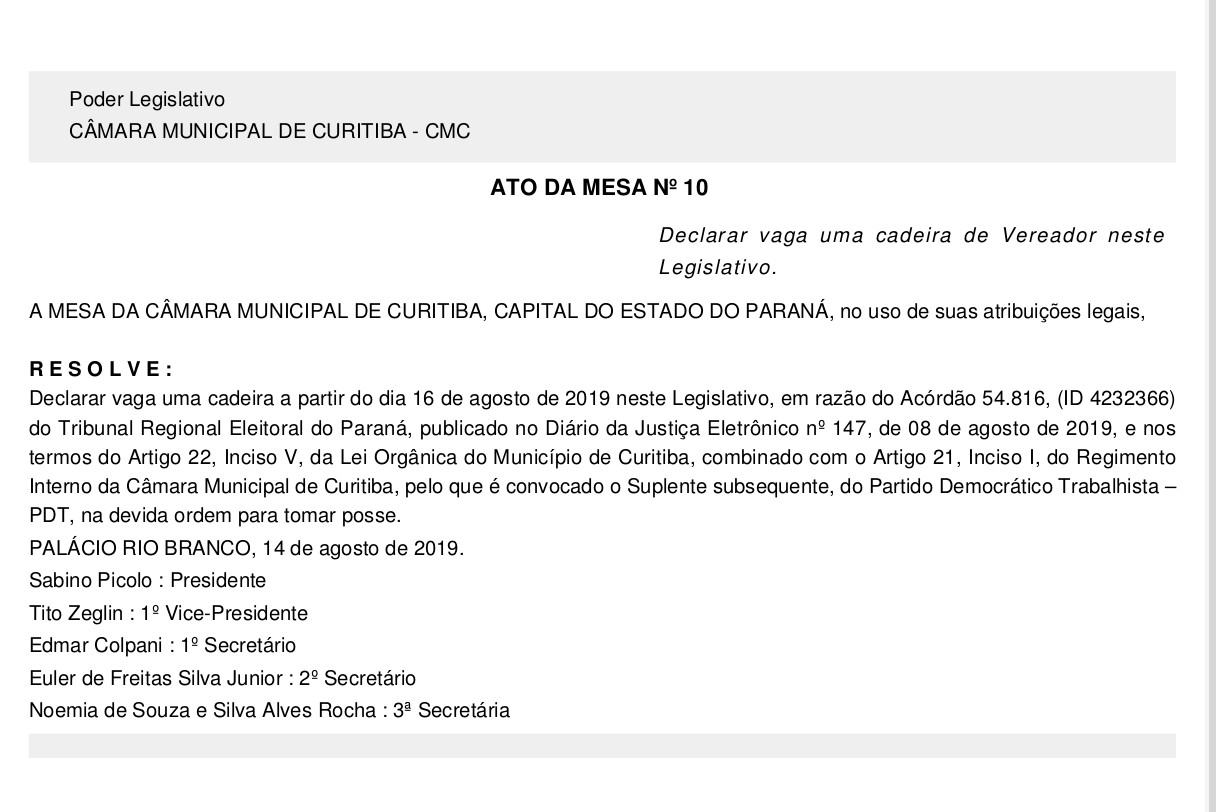 Terceiro suplente do PDT toma posse na Câmara de Vereadores de Curitiba