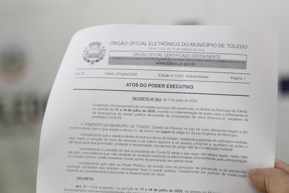  Prefeitura de Toledo determina suspensão de serviços não essenciais por quatro dias