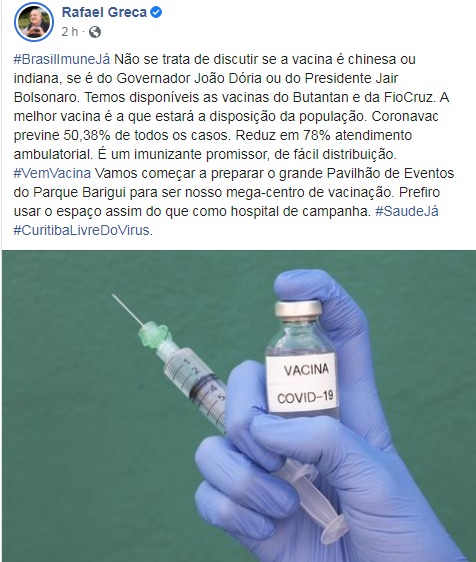  Greca critica guerra de vacinas e diz que Pavilhão do Parque Barigui será centro de vacinação contra covid-19