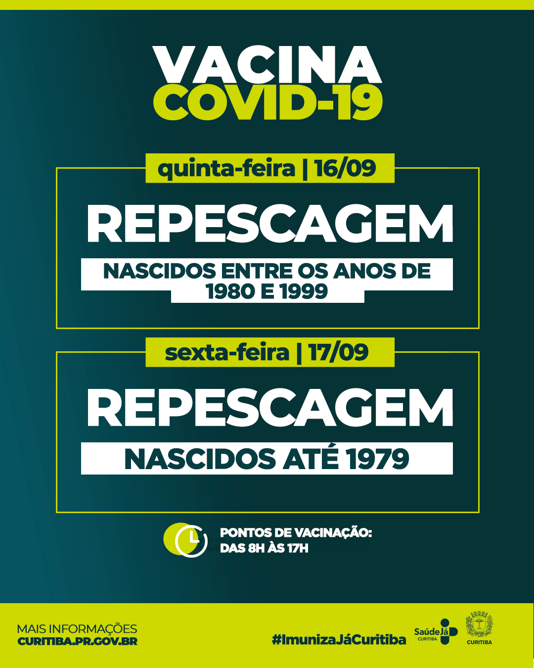  Curitiba faz repescagem de vacina contra covid-19 nesta quinta (16) e sexta-feira (17); Confira o cronograma