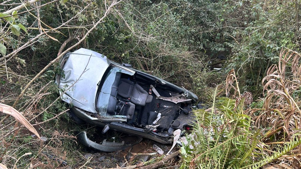Carro cai em ribanceira após perder controle da direção