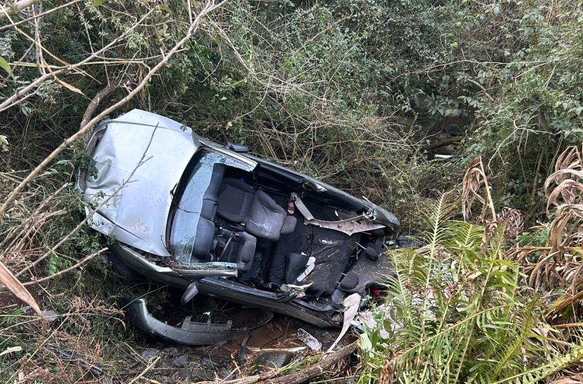 Carro cai em ribanceira após perder controle da direção