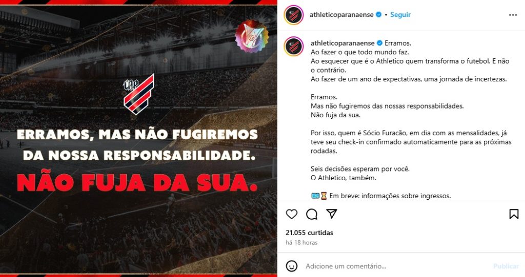 Athletico admite erro, mas responsabiliza torcida por luta contra rebaixamento
