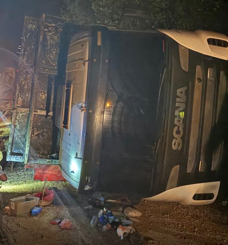 Caminhão carregado com toras tomba em cima de carro